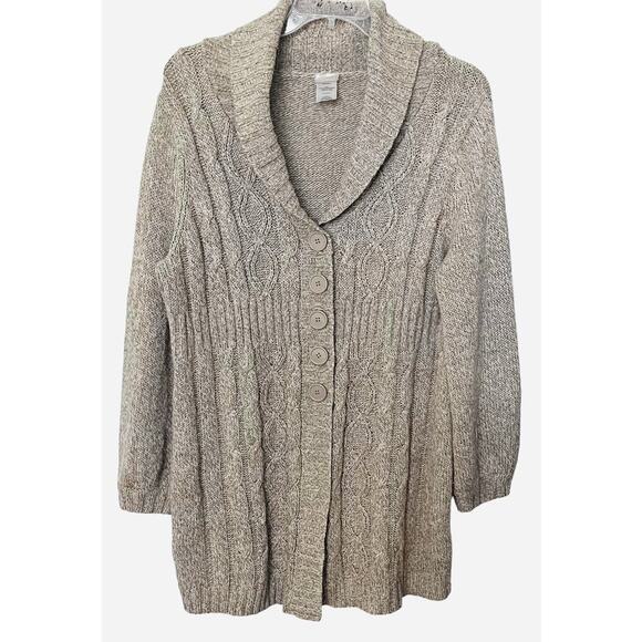 JUST MY SIZE (JMS) LONG SLEEVE BUTTON-UP KNIT SWEATER, 2X, TAN, WIDE COLLAR - Picture 1 of 10